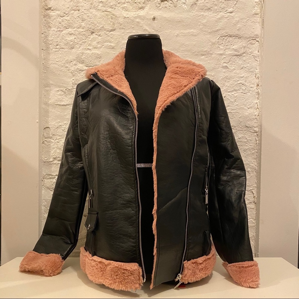 Faux Leather Jacket with Pink Trim